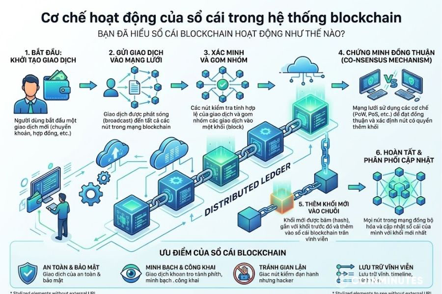 Sổ cái giúp ghi lại và xác minh mọi giao dịch, đảm bảo minh bạch và an toàn trong đầu tư crypto