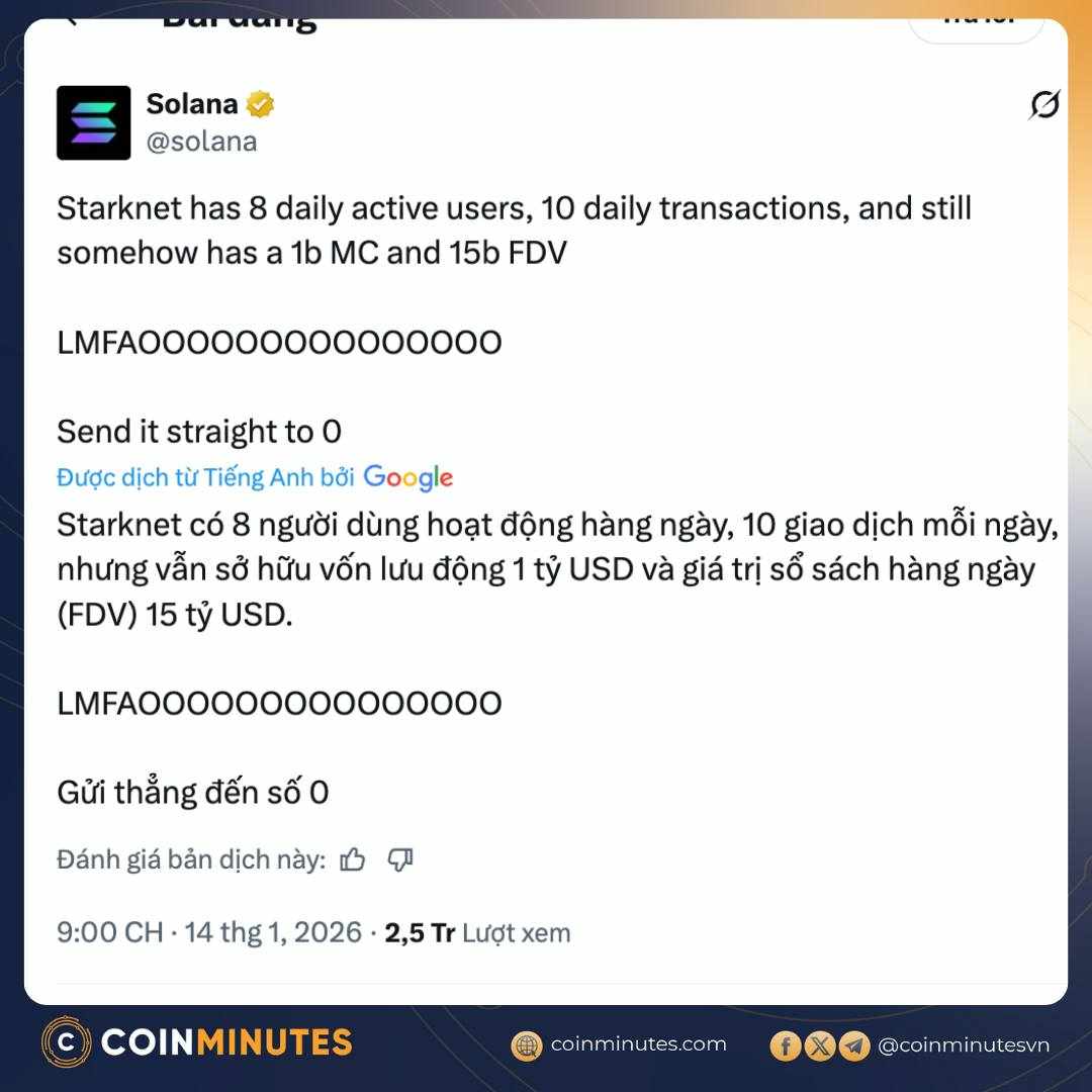 Đêm qua (14/01/2026), cộng đồng Crypto Twitter (X) đã được một phen rúng động khi tài khoản chính chủ của Solana (@solana) bất ngờ tung ra một dòng tweet mang tính công kích trực diện nhắm vào dự án Layer 2 đình đám của Ethereum Starknet