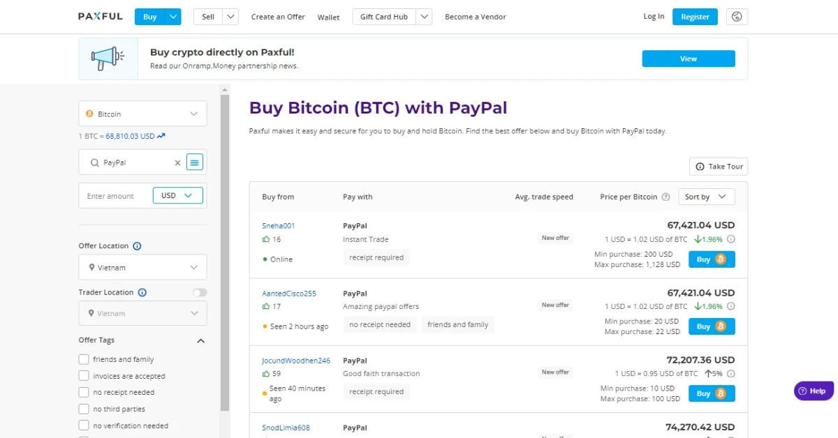 buying bitcoin using paypal on paxful