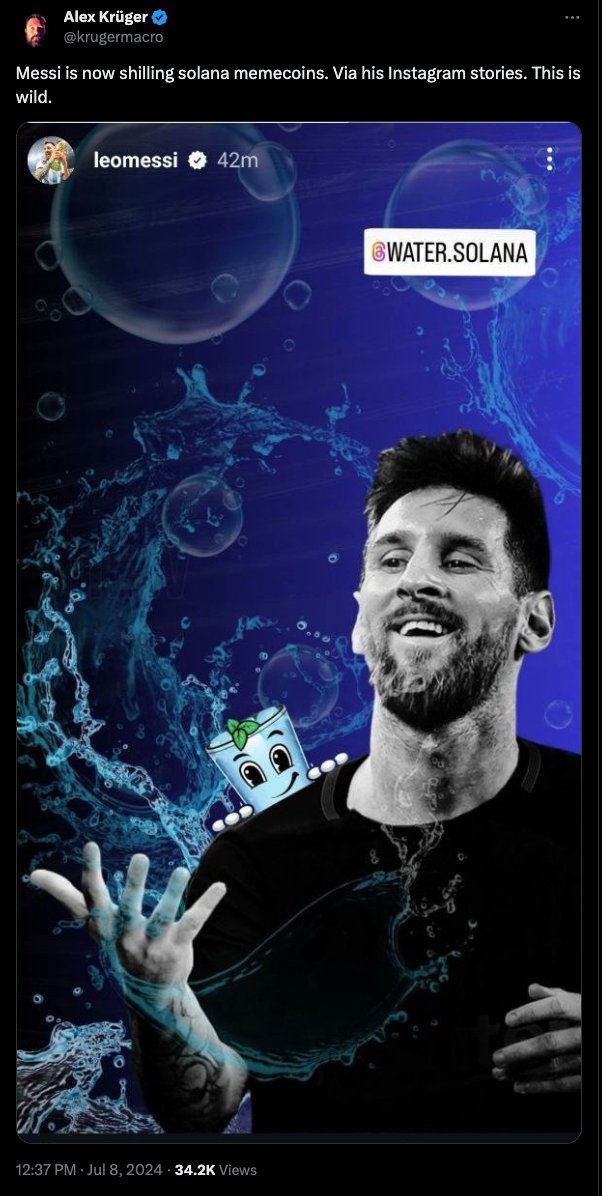 Lionel Messi Promotes Solana WATER Memecoin on Instagram